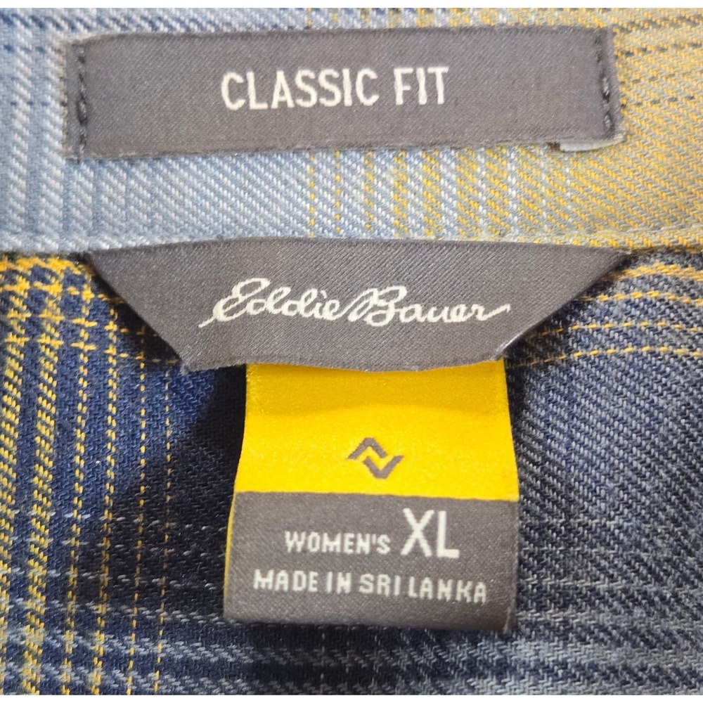 Eddie Bauer Womens XL Plaid Flannel Shirt Yellow Navy Blue Classic Fit Button Up - Picture 2 of 7